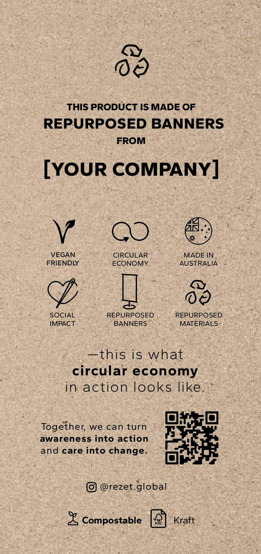 Kraft hang-tag: this product is made of repurposed banners from your company, with impact icons and a QR code