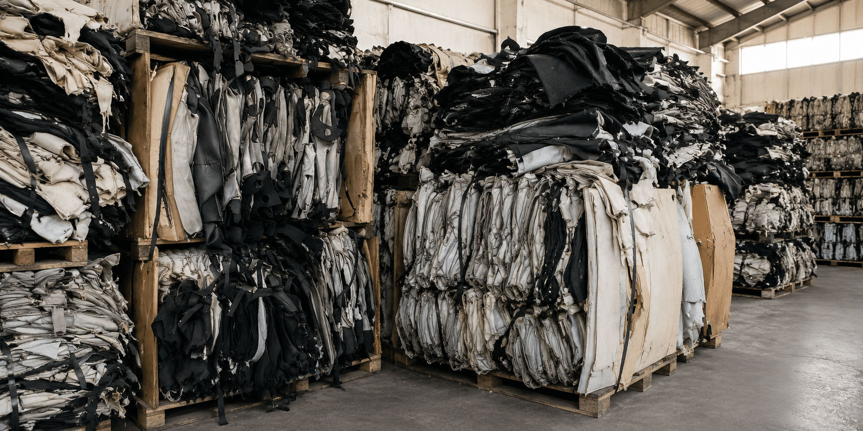 Recovered upholstery material stacked on pallets, before processing